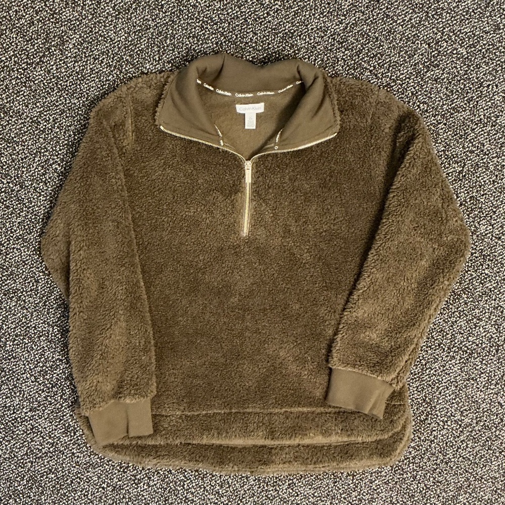 Women's Calvin Klein Relaxed Fit Quarter Zip Sweatshirt Olive Green Size Large